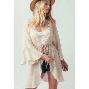 LOVE TREE Light Beige Open Front 3/4 Bell Sleeve Crochet Detail Coverup/Cardigan